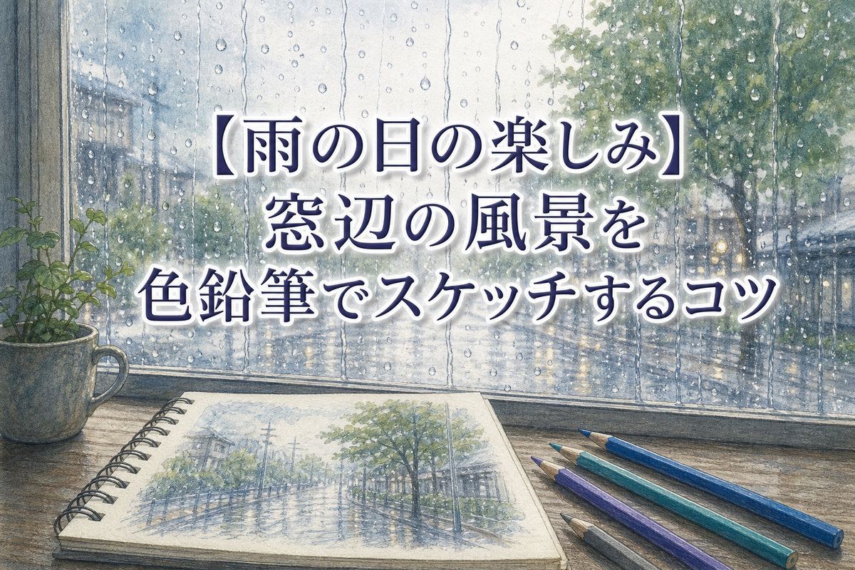 雨の降る窓辺に置かれた色鉛筆と描きかけのスケッチブック