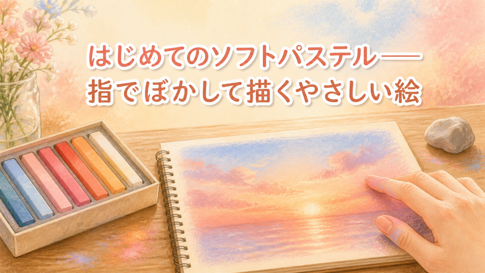 ソフトパステルで描いた夕焼け空と、机に並ぶ24色のパステル
