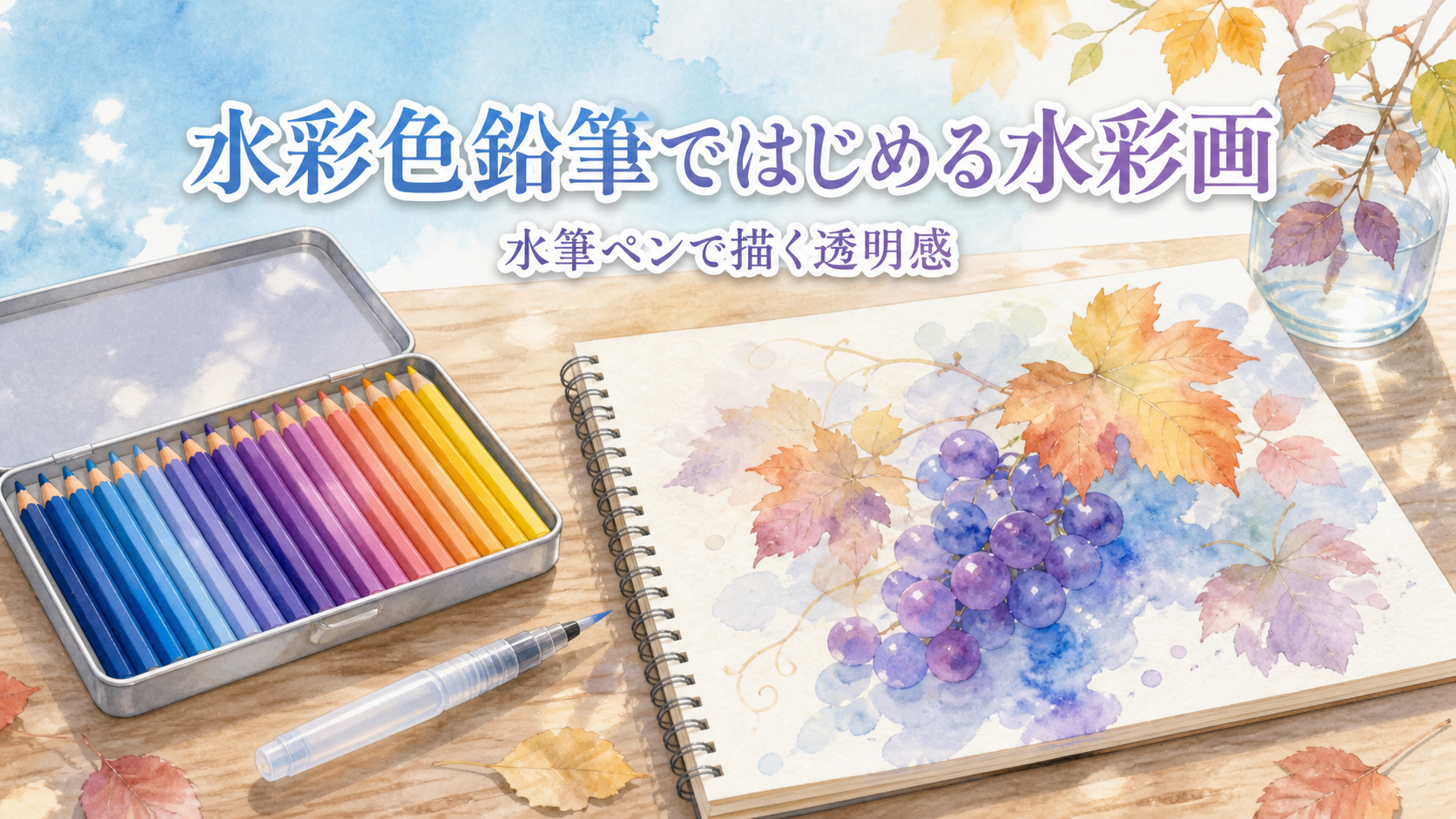 水彩色鉛筆と水筆ペン、色を溶かしかけたスケッチブックが並ぶ机