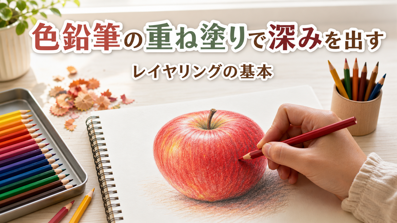 色鉛筆で赤いリンゴを重ね塗りしている手元と、周りに並ぶ色鉛筆・削りかす・スケッチブック