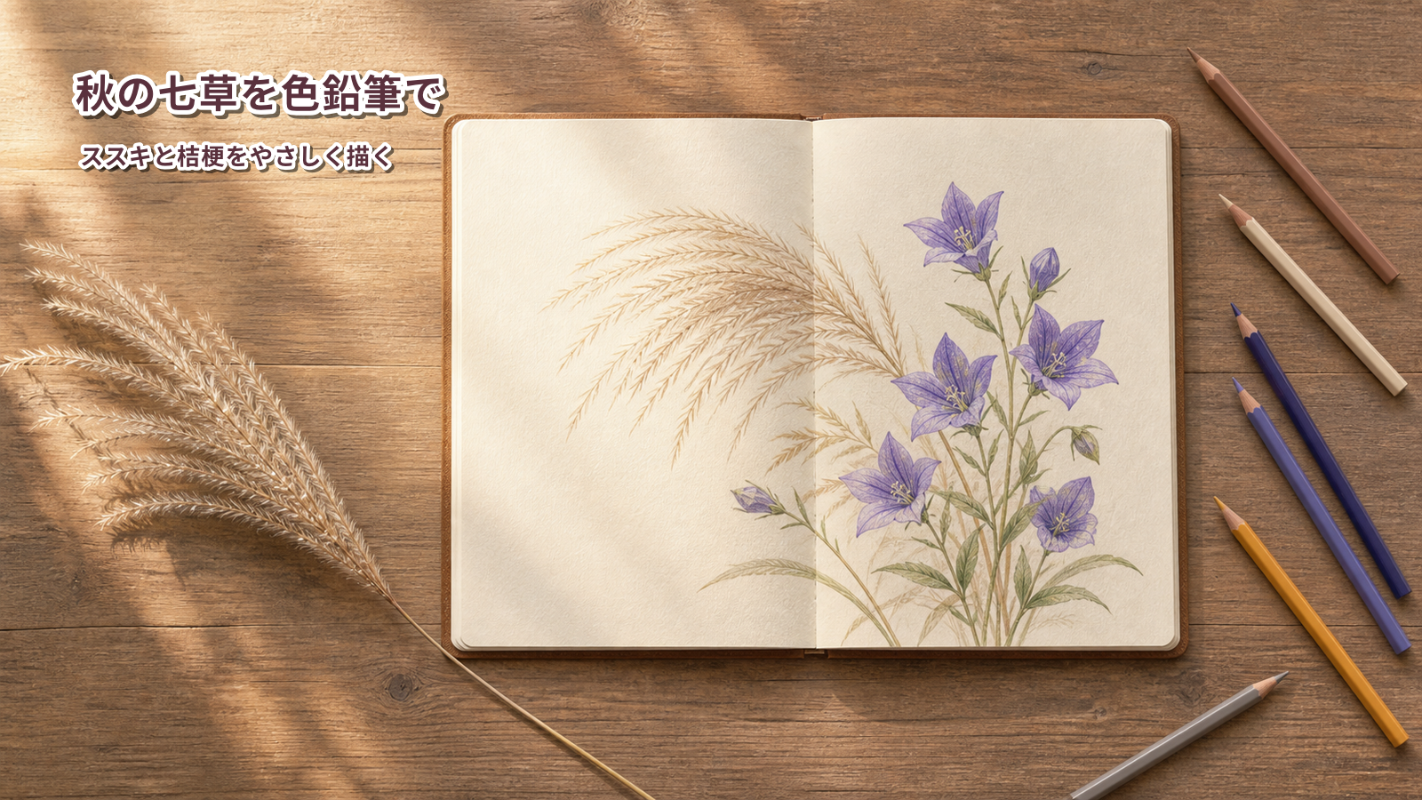 ススキの穂と紫の桔梗を色鉛筆で描いたスケッチブックと、秋色の色鉛筆が並ぶ机の上