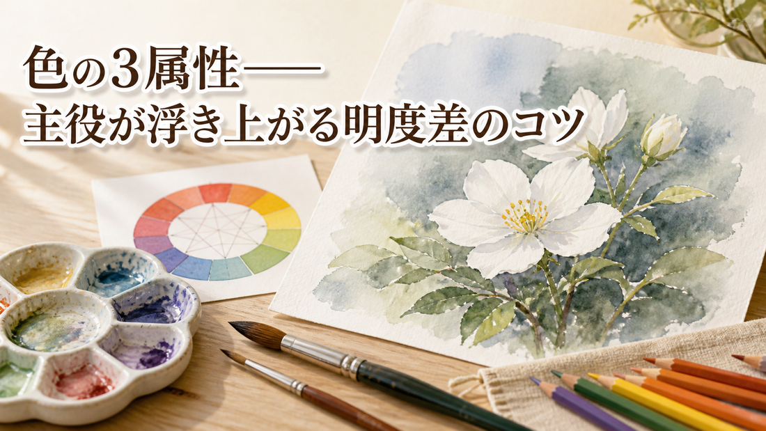 色相環とパレット、白い花を描いた作例を並べた、色の3属性を紹介するキービジュアル
