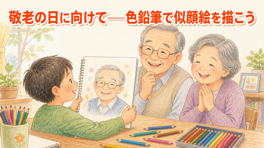 敬老の日に贈る似顔絵。色鉛筆とスケッチブック、やさしい笑顔で描かれたおじいちゃん・おばあちゃんの似顔絵