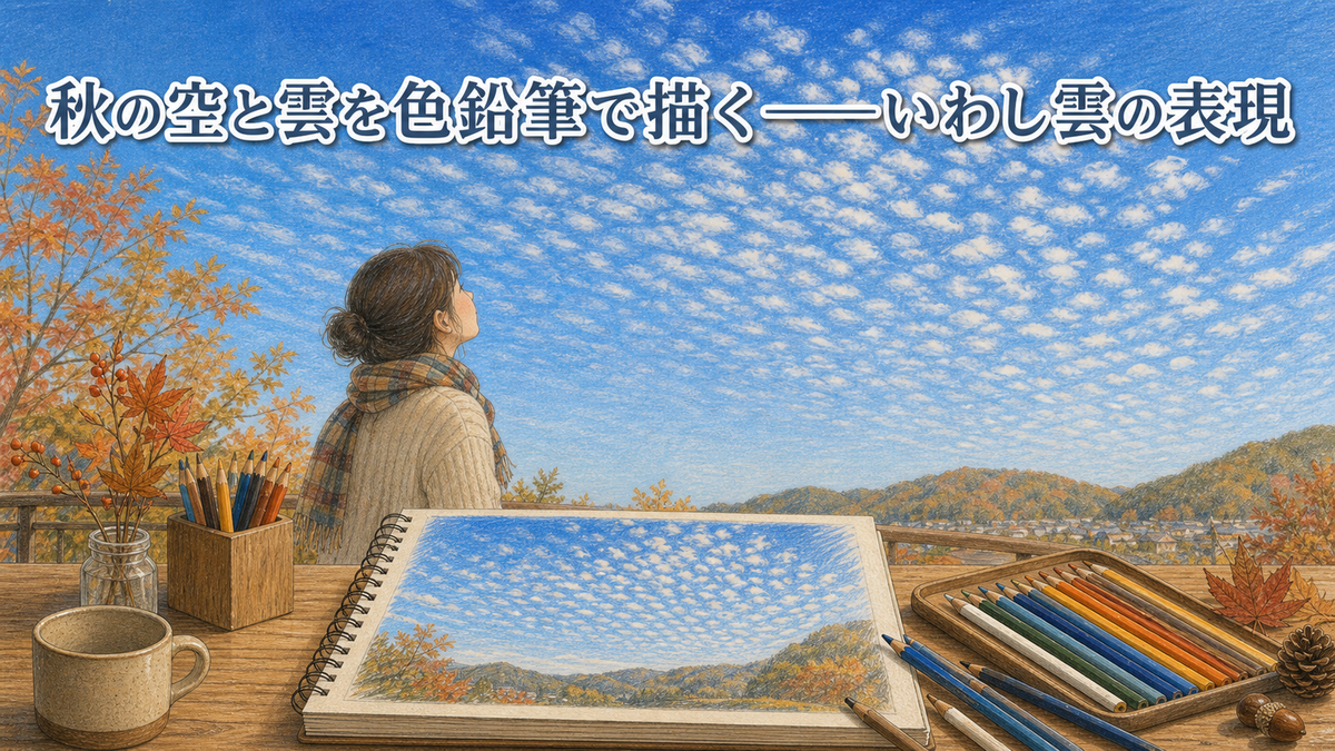 青く高い秋の空といわし雲を見上げながらスケッチブックに色鉛筆で描く風景