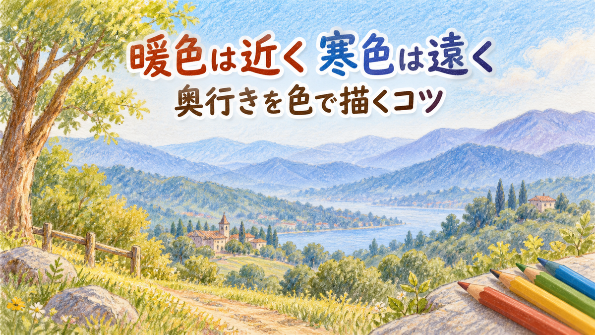 手前の木を暖かい茶色、遠くの山を青紫で塗り分け、奥行きを出した風景画のキービジュアル