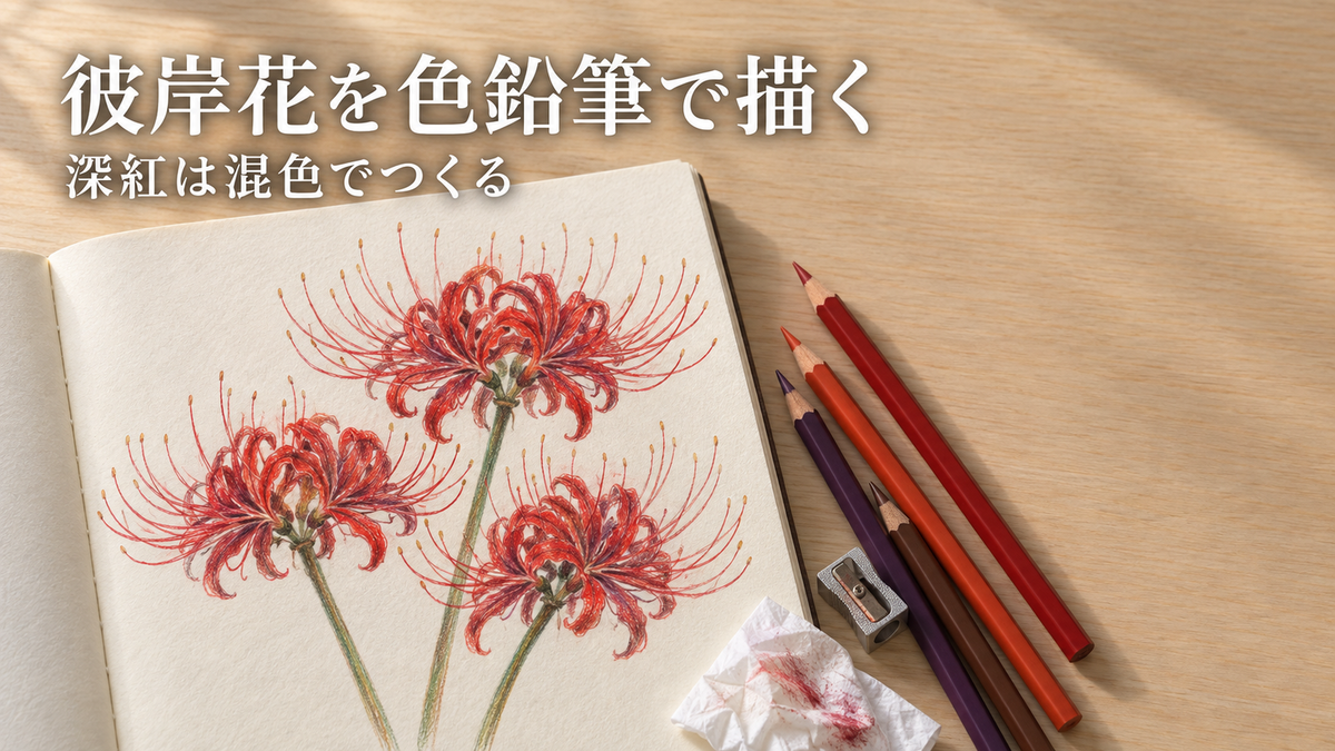 畦道に咲く彼岸花を色鉛筆で描いたスケッチブックと、赤・朱・紫・茶の色鉛筆、削り器が並ぶキービジュアル