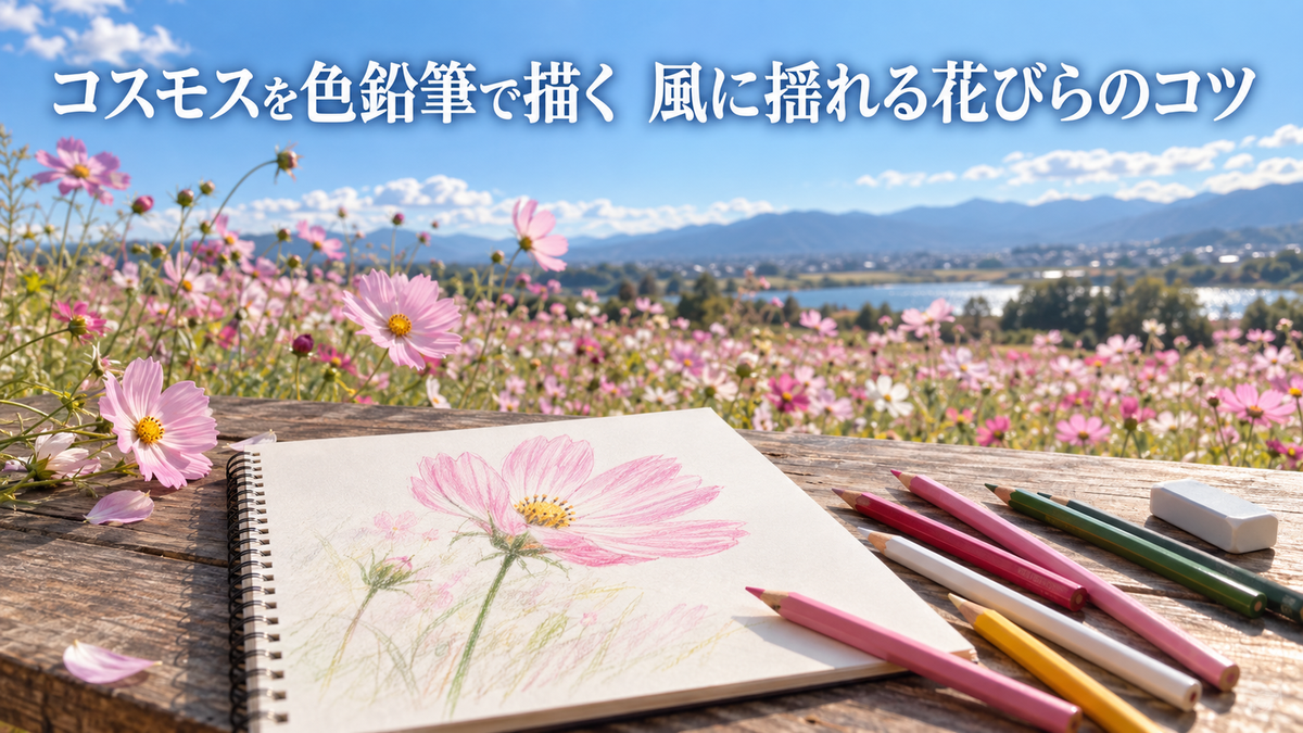 コスモス畑で風に揺れる花を色鉛筆で描く場面のキービジュアル