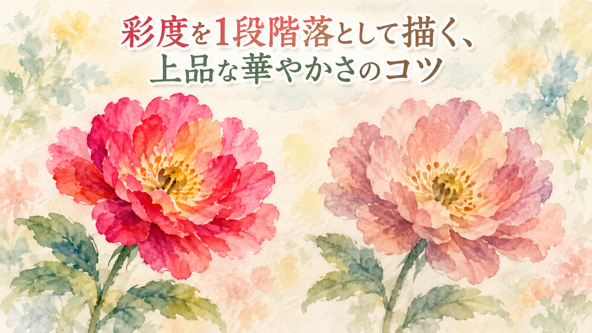 彩度を抑えた花の水彩画と高彩度の花を並べた比較イメージ