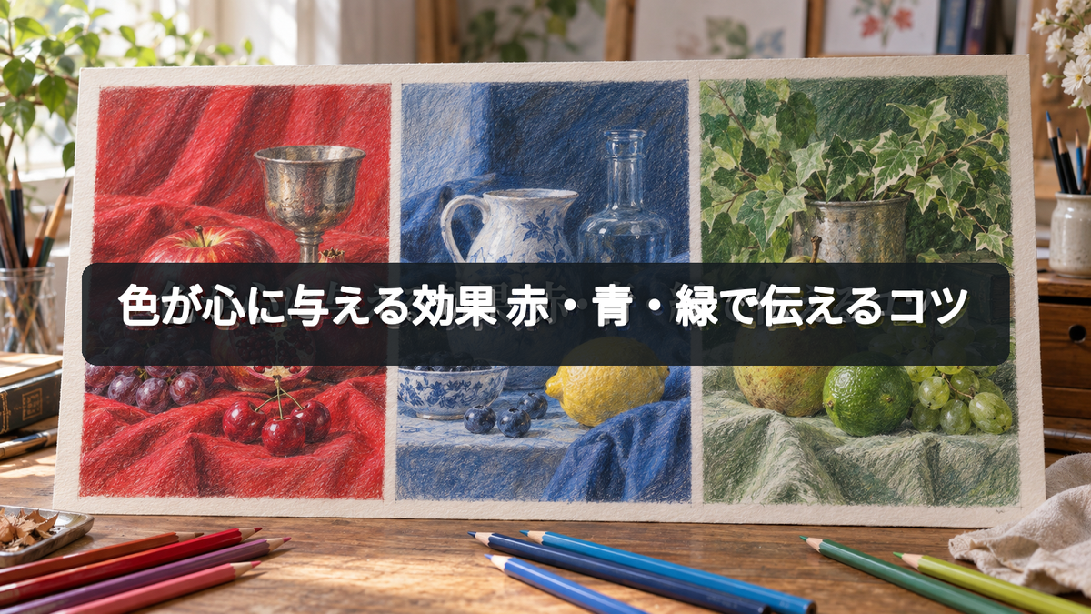 赤・青・緑それぞれを主役にした静物を色鉛筆で描き、三枚並べた対比イラスト
