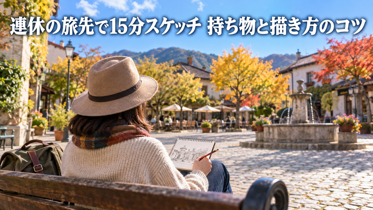 秋晴れの旅先の広場で、ベンチに座り膝の上の小さなスケッチブックに鉛筆で描く手元のキービジュアル