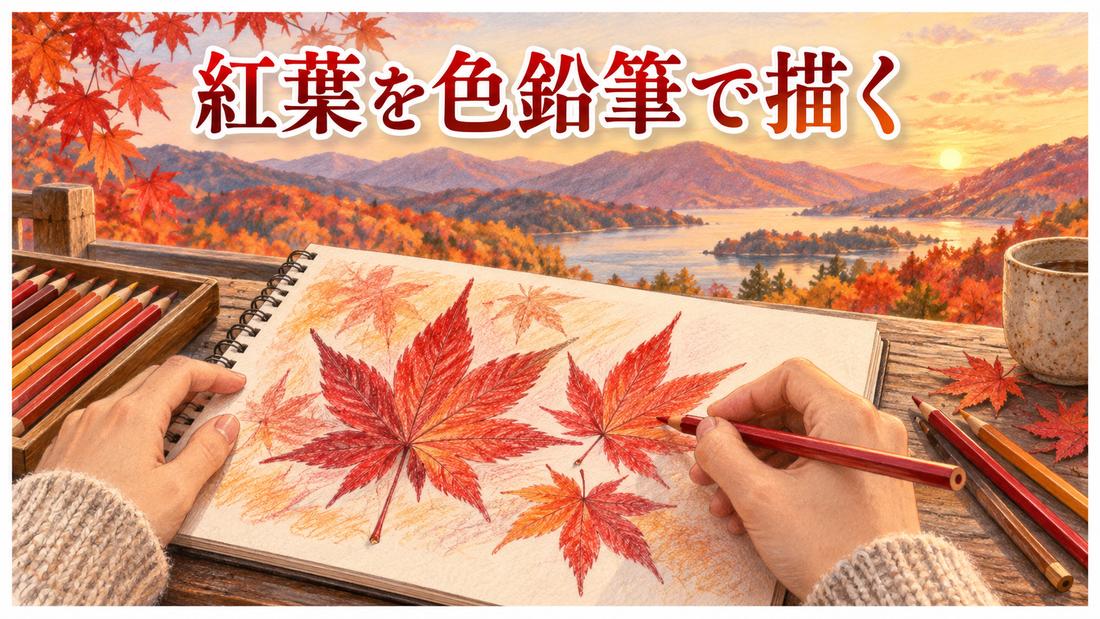 秋山の紅葉を色鉛筆で描いている手元のキービジュアル