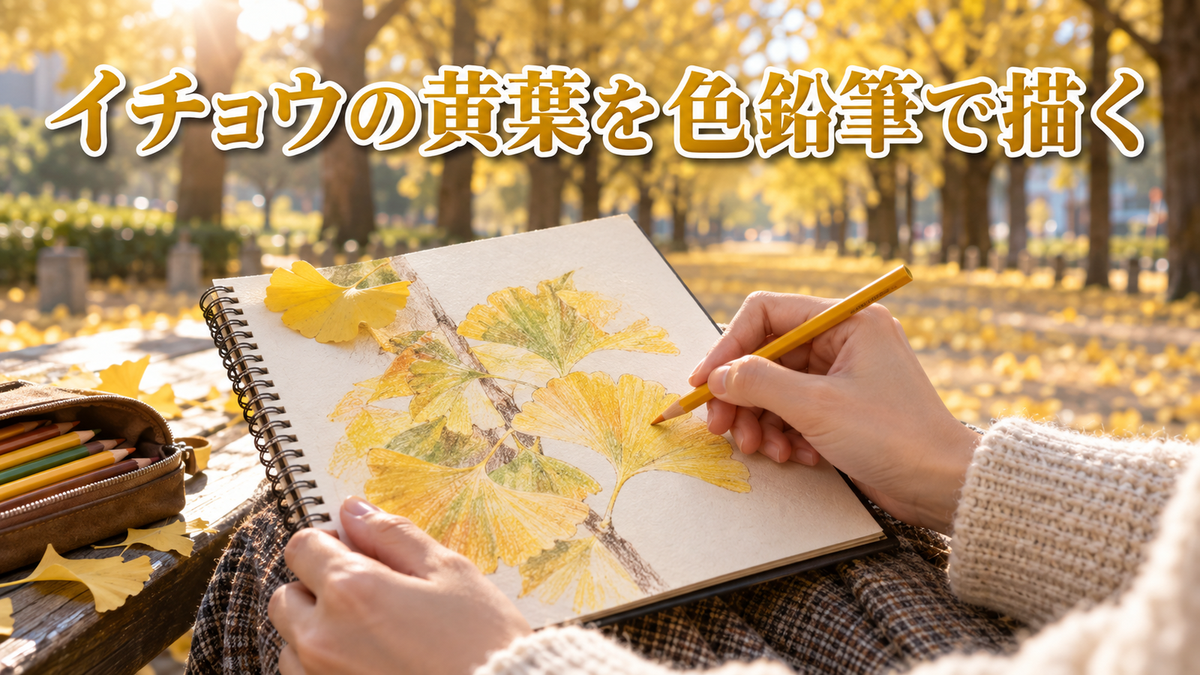 秋のイチョウ並木の下で、黄金色の葉を色鉛筆で描いている手元のキービジュアル