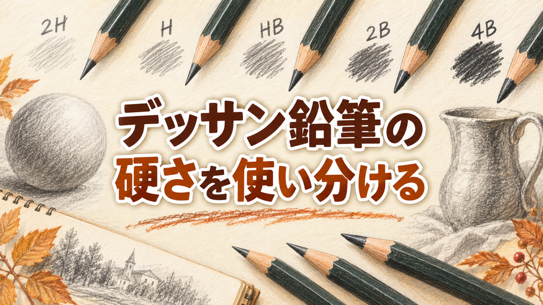 デッサン鉛筆の硬さの使い分けと、HからBへ移るにつれて濃くなる濃淡表現を紹介するアイキャッチ画像
