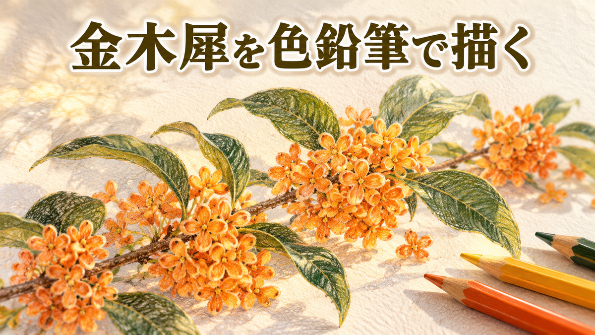 秋の陽ざしの中、小さなオレンジ色の花の房と深緑の葉をつけた金木犀の枝を色鉛筆で描いたイラスト