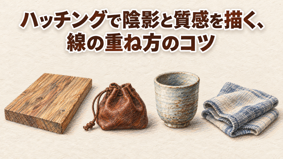 木の板・革の小物・陶器のカップ・折り畳んだ布を、色鉛筆の平行線と交差線で描いたスケッチ