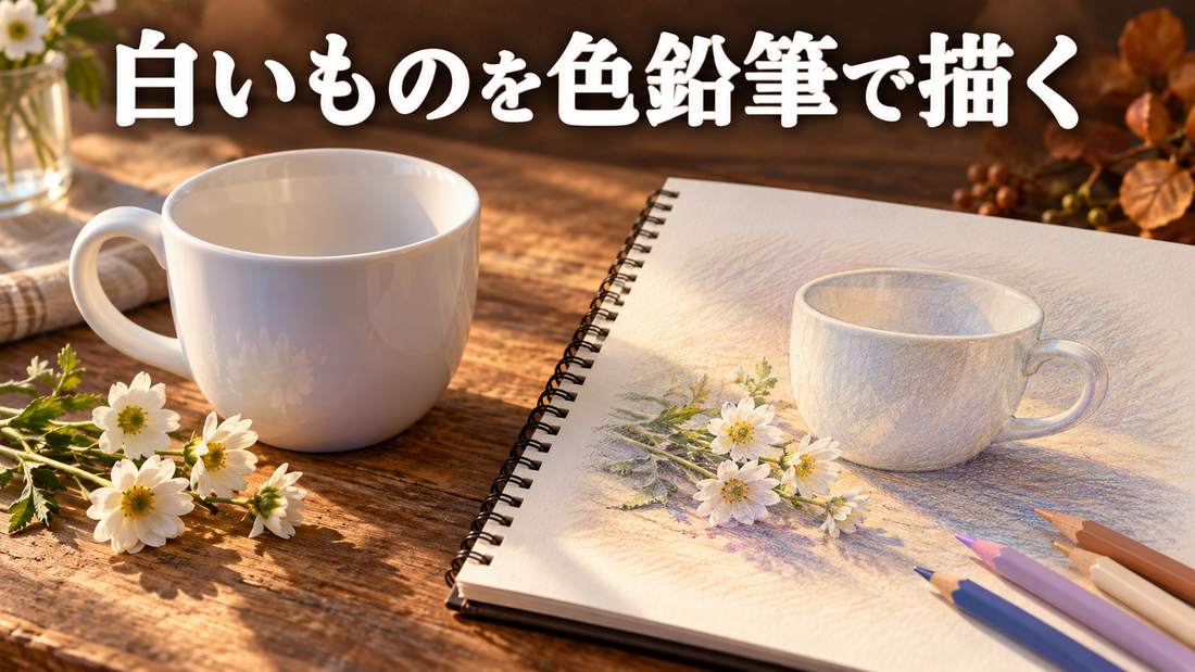 秋の斜光の中で、白いカップと白い小花を色鉛筆で描いた作例。白い面に青みや紫みの影が入っている