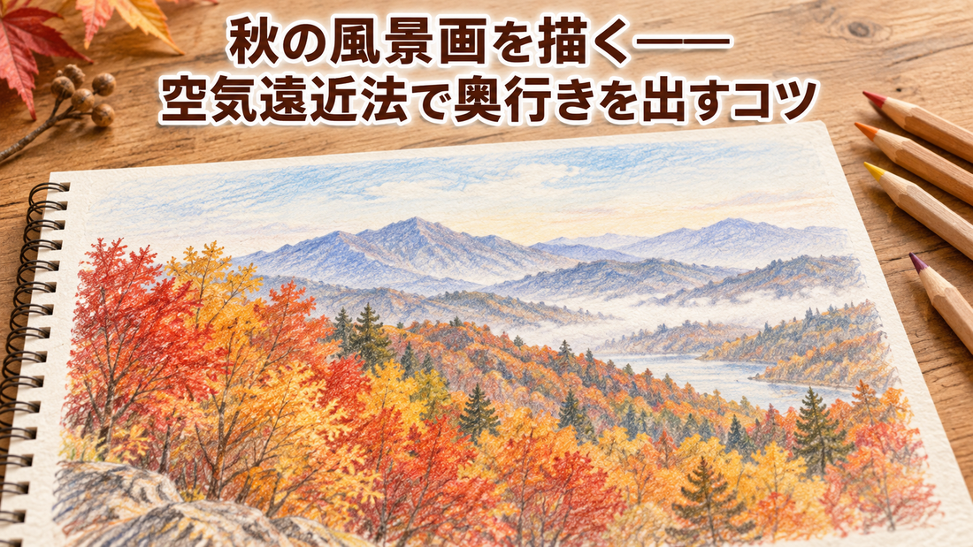 秋の霞んだ山並みと、手前の紅葉した木立を色鉛筆で描いた作例