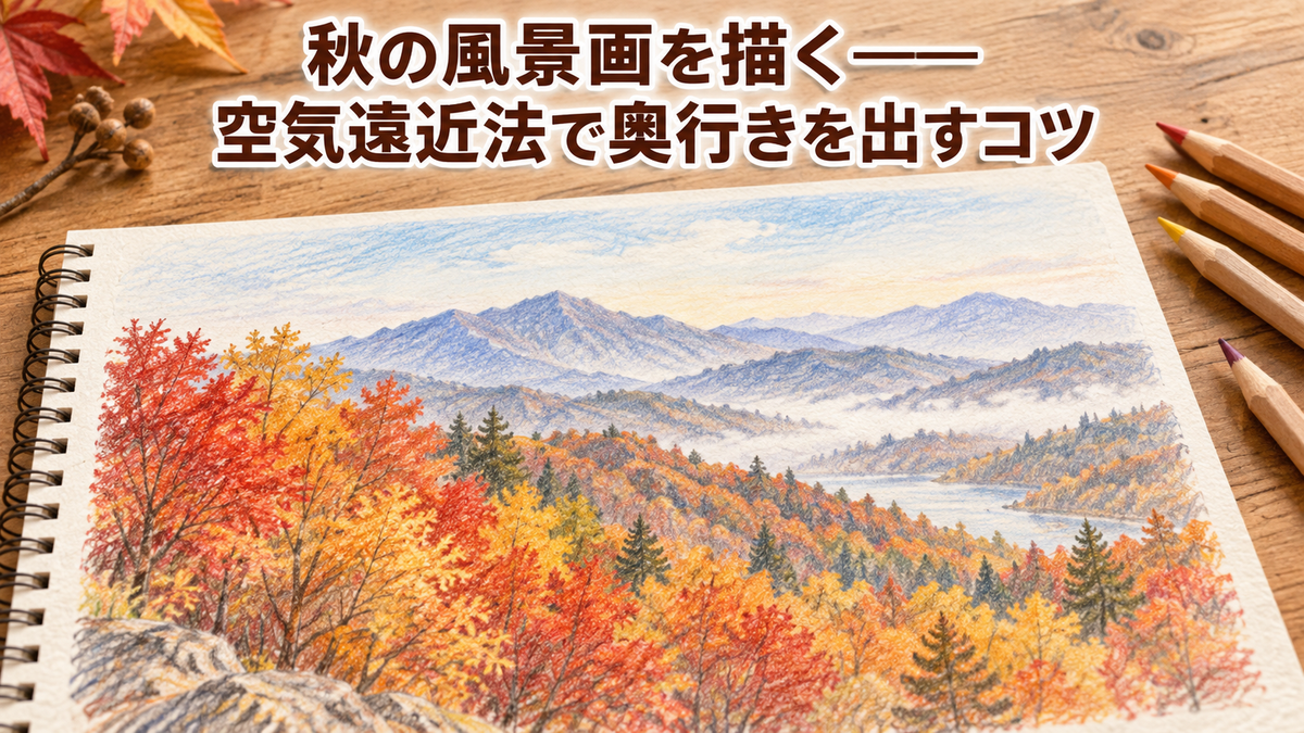 秋の霞んだ山並みと、手前の紅葉した木立を色鉛筆で描いた作例