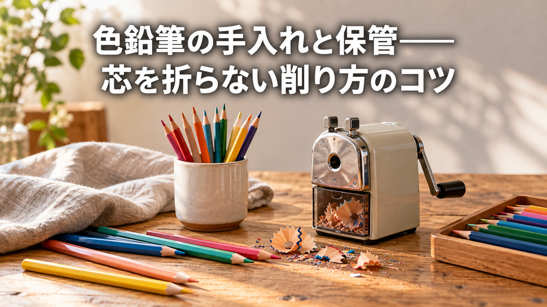木製の机の上に、きれいに削られた色鉛筆と布、手回しの鉛筆削りが並ぶ、やわらかな光の手入れ風景