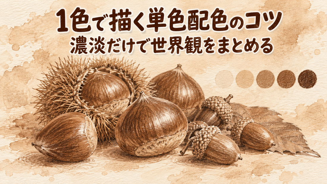 こげ茶・薄茶・生成りの茶系1色だけで描いた栗とどんぐりの静物画と、同じ茶色の濃淡5段階の色見本