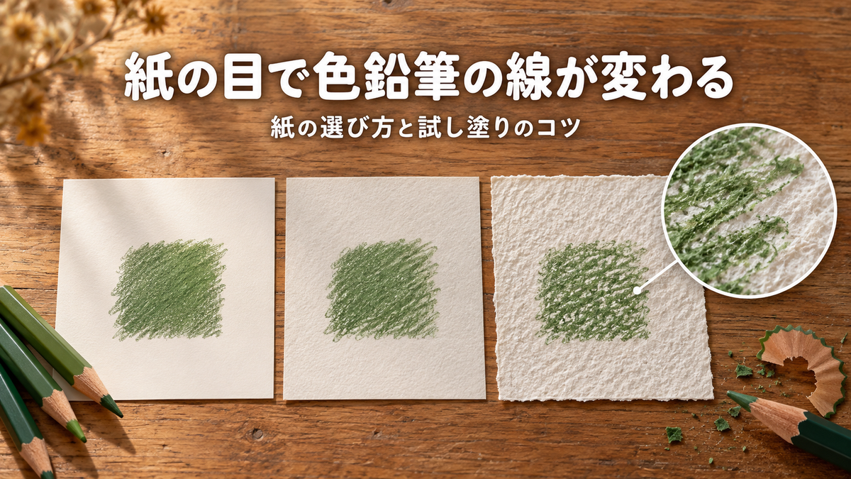 滑らかな紙と目の粗い紙に同じ色鉛筆で塗った見本が机の上に並び、紙の表面の凹凸を丸く拡大した図を添えたイメージ