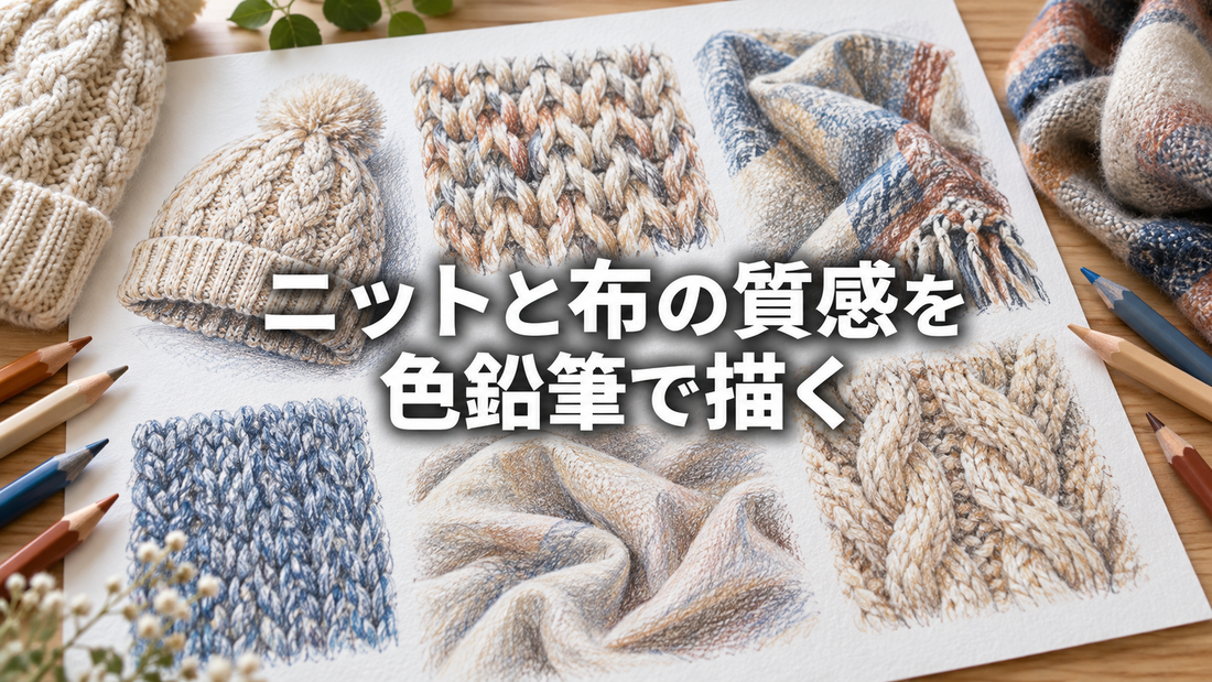 木製の机に生成りのケーブル編みセーターと色鉛筆、描きかけのニットの絵が載ったスケッチブックが並ぶ様子