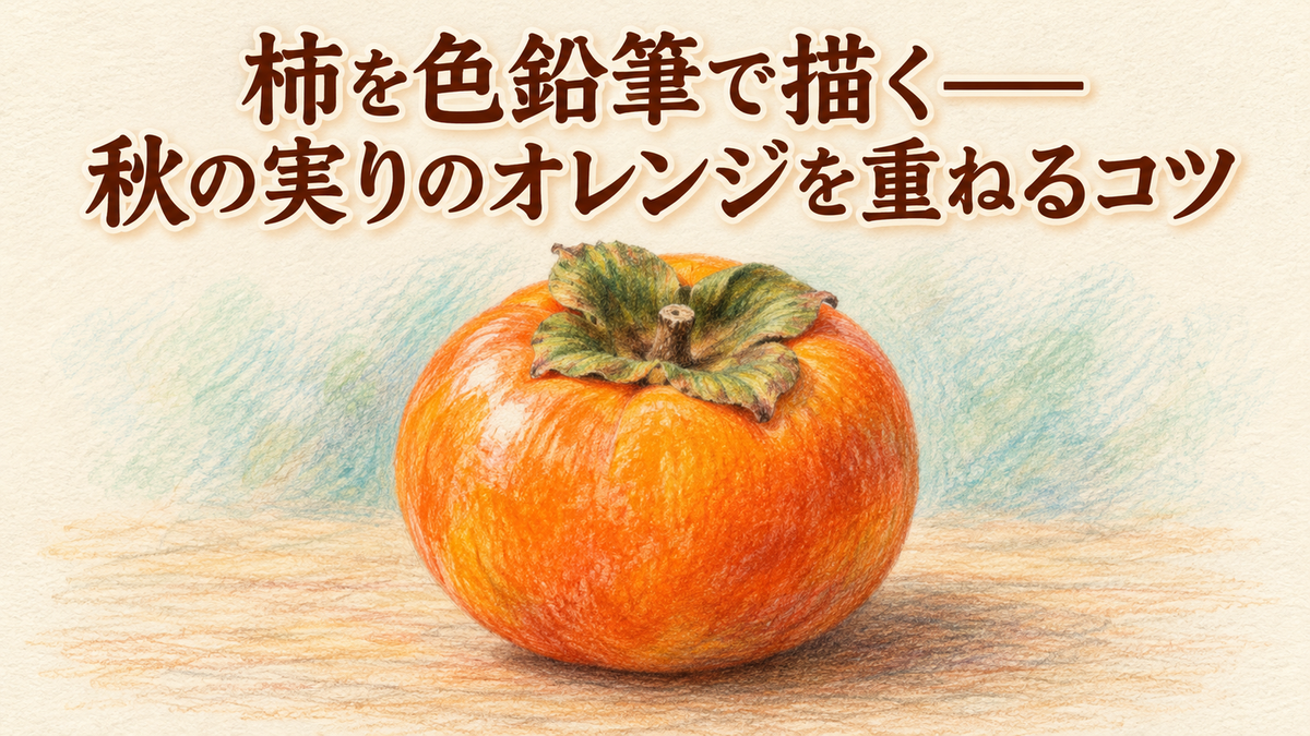 テーブルの上に置かれた、へた付きの熟した柿を色鉛筆で描いたイラスト。赤と黄を重ねた深い橙色と白いハイライト、背景には淡い青緑