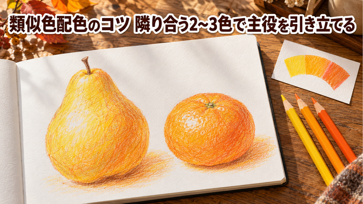 黄・黄みの橙・橙の3色の色鉛筆で描いた洋梨とみかんの静物画が白いスケッチブックに置かれ、そばに同じ3色の色鉛筆と小さな色相環の見本が並ぶ、秋の午後の机の上