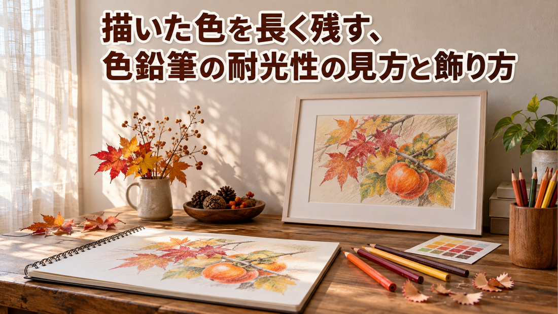 薄いカーテン越しのやわらかな光が入る木の机に、色鉛筆で描いた紅葉と柿の絵を額に入れて立てかけ、手前に開いたスケッチブックと小さな色見本カード、色鉛筆が並ぶ様子。記事タイトル「描いた色を長く残す、色鉛筆の耐光性の見方と飾り方」入り
