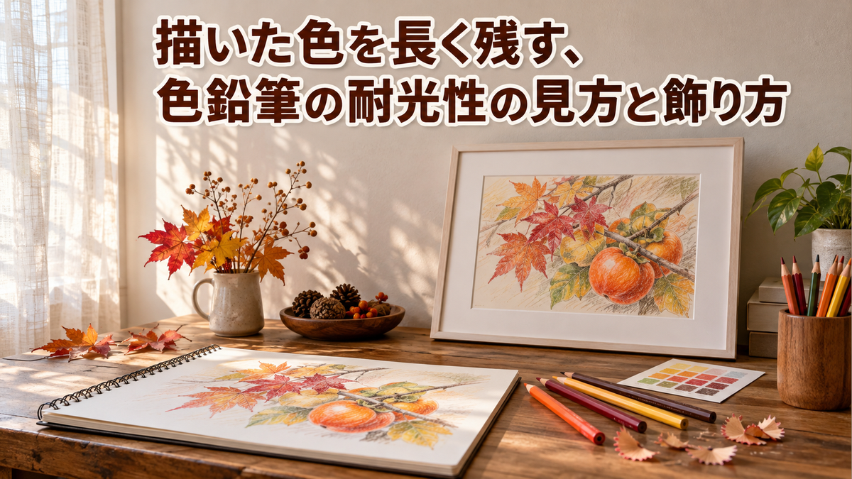 薄いカーテン越しのやわらかな光が入る木の机に、色鉛筆で描いた紅葉と柿の絵を額に入れて立てかけ、手前に開いたスケッチブックと小さな色見本カード、色鉛筆が並ぶ様子。記事タイトル「描いた色を長く残す、色鉛筆の耐光性の見方と飾り方」入り