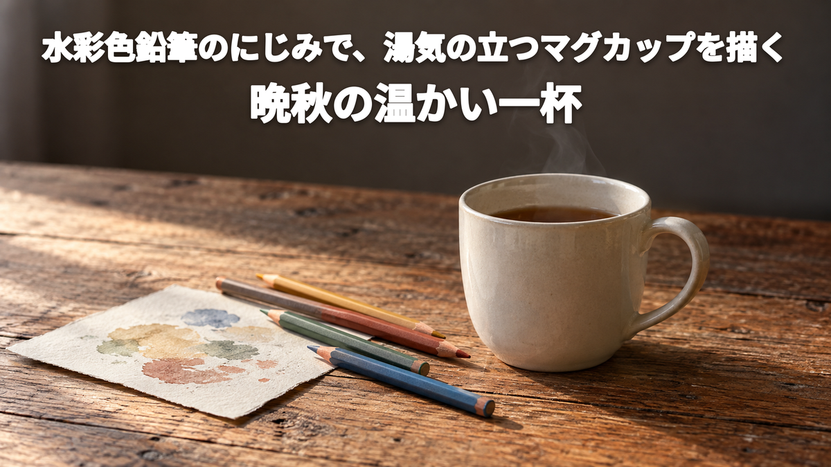 湯気の立つマグカップを水彩色鉛筆で描いた完成見本