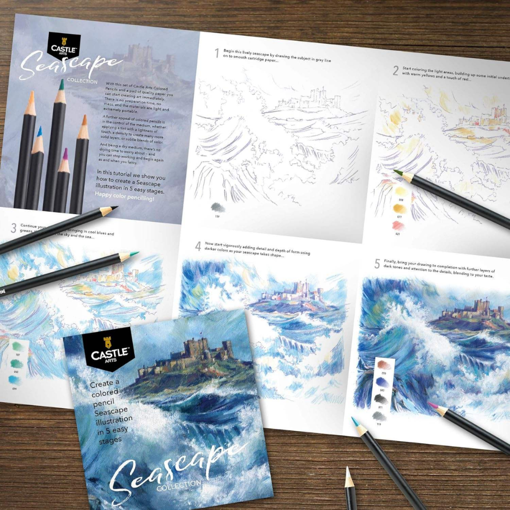 色鉛筆 24色 Seascape Castle Arts 使用イメージ 城景色 水彩画