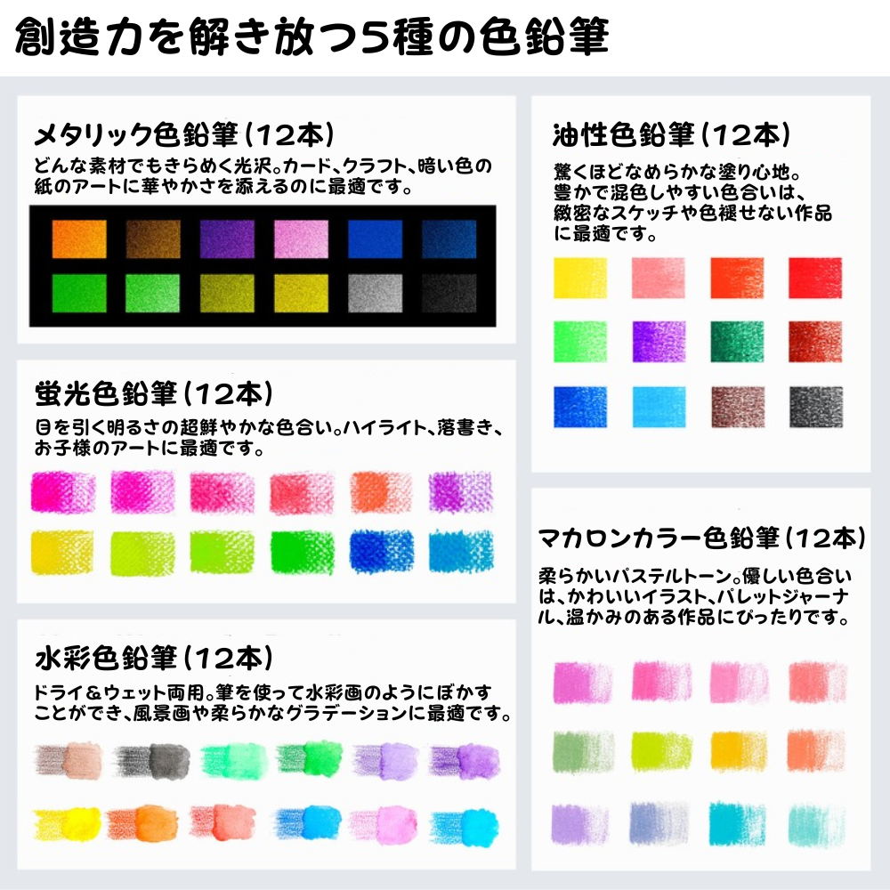 色鉛筆 60色セット 油性&水彩 メタリック・ネオン・マカロン各12色 紙