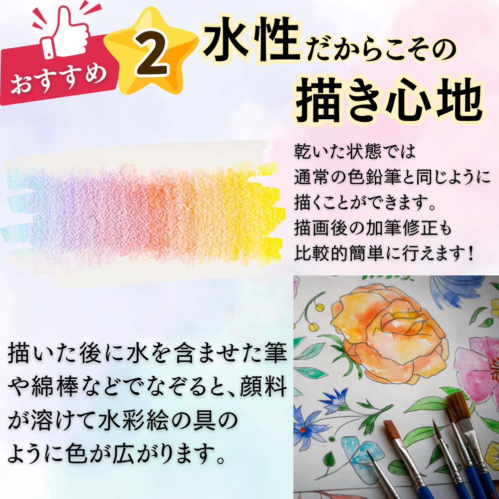 水彩色鉛筆 50色 水を加えると水彩画に 水彩表現説明