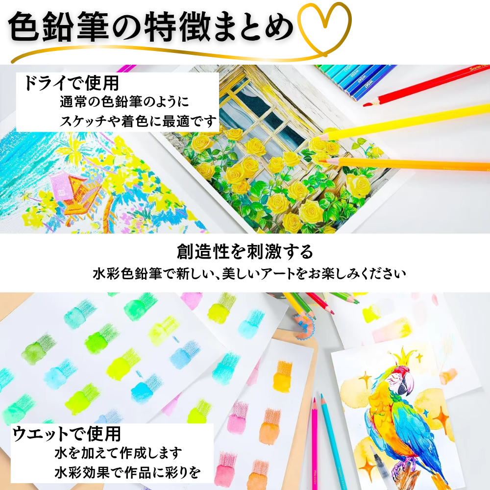 水彩色鉛筆 50色 六角形軸 耐光性 特徴まとめ